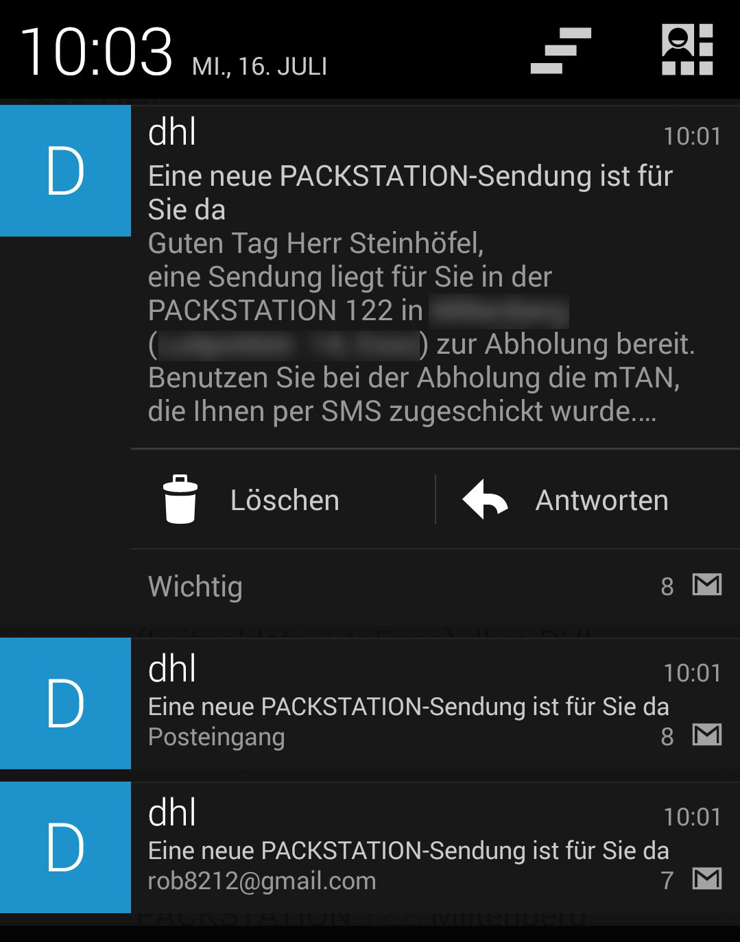 Screenshot GMail Notification Screenshot von GMail Notification auf Android: 3 Benachrichtigungen für ein und dieselbe Email
