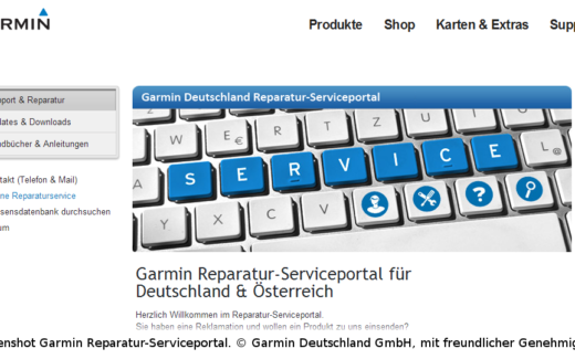 Screenshot von der Webseite des Garmin Reparaturportal