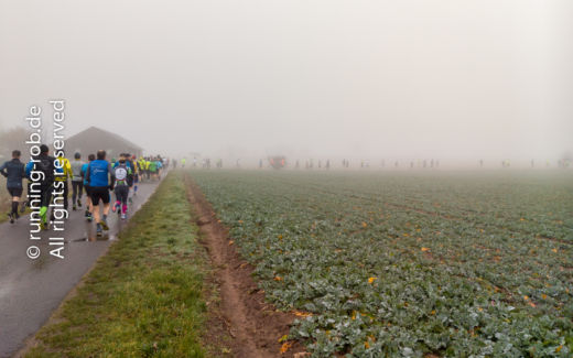 Die Läuferkolonne des Ultramarathon Rodgau 2018 schiebt sich durch den Nebel.